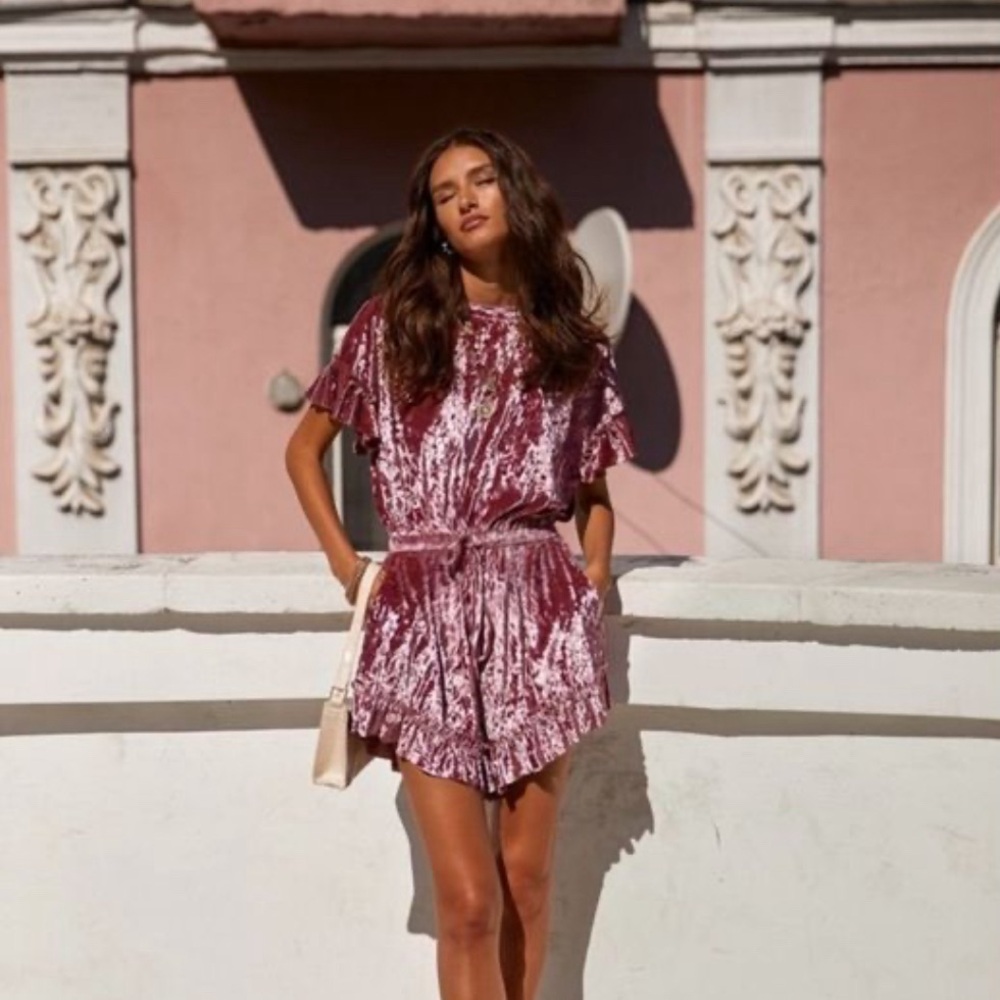 ALAMOUR pink crushed velvet romper, size XS/small+ (see sizing info)